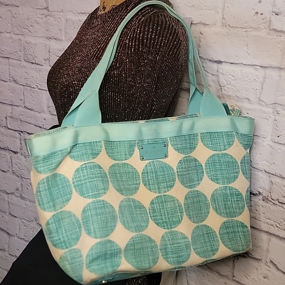Kate Spade diaper Bag blue & white polka dot Aqua W Changing Pad & Coin Purse